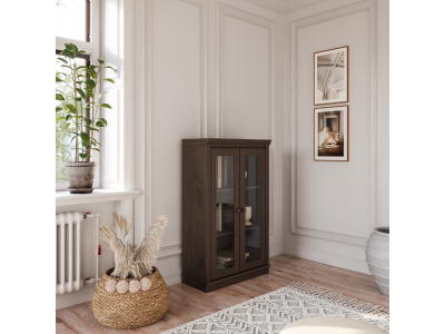 Estante de madeira com 1,19 m com acabamento liso na cor nibs e duas portas de vidro / Coleção biblioteca